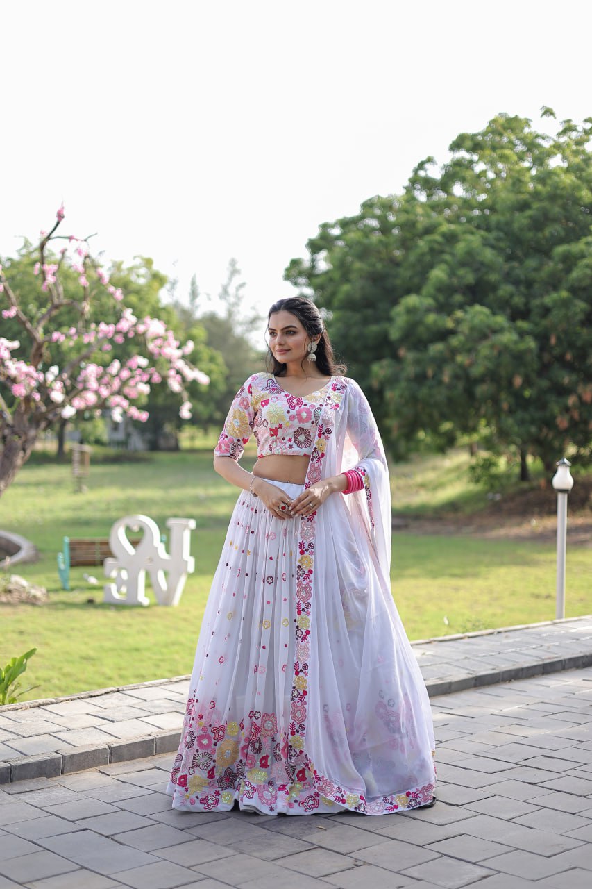 Reception Wear Embroidered Work White Color Lehenga Choli
