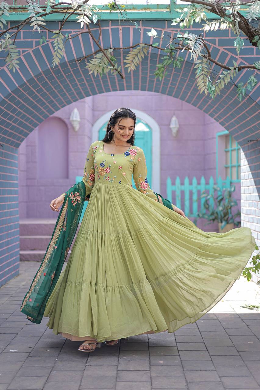Exclusive Embroidery Work Parrot Green Color Gown With Dupatta