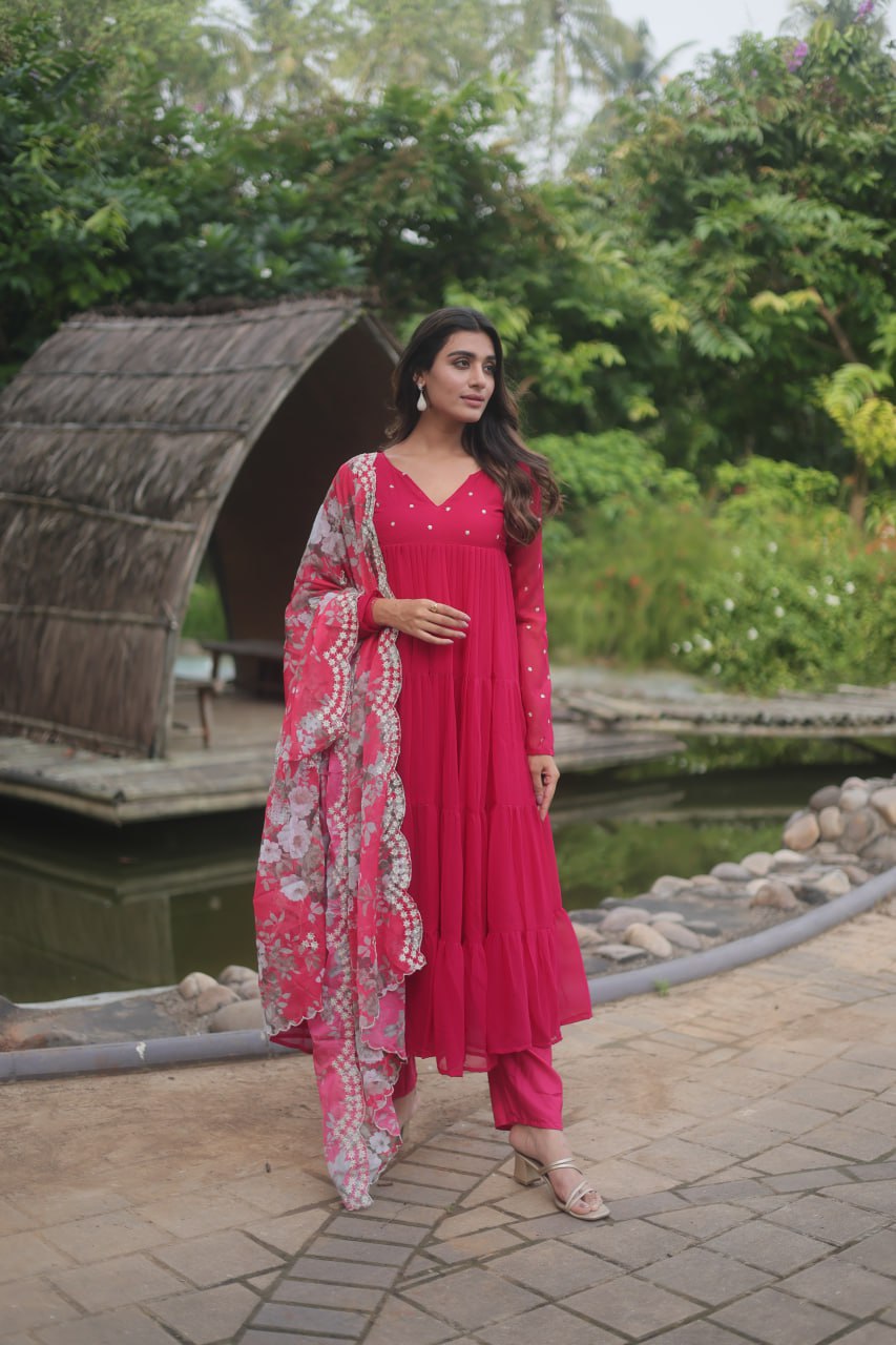 Pink Color Butti Work Kurti Pant With Dupatta Set