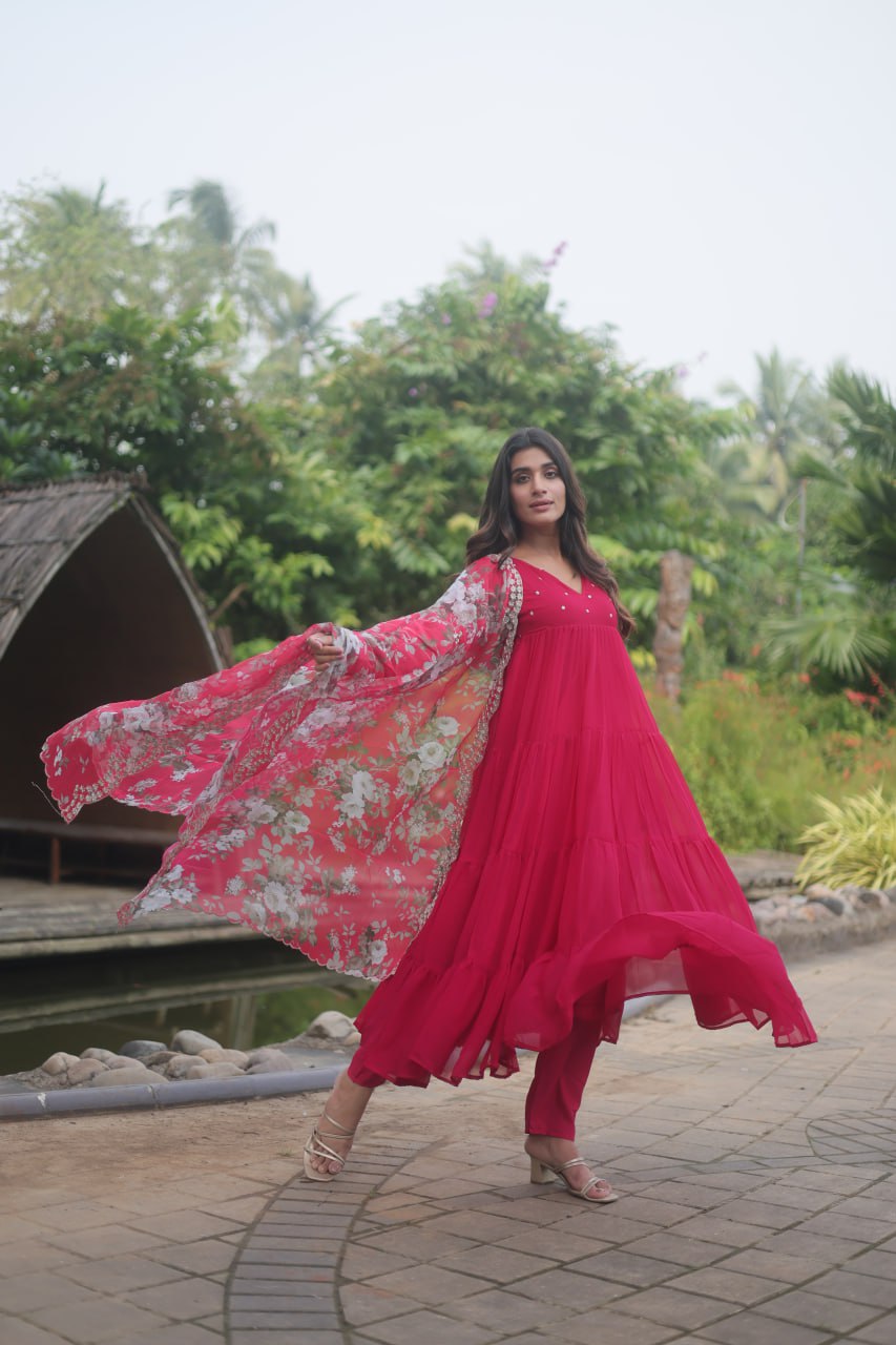 Pink Color Butti Work Kurti Pant With Dupatta Set
