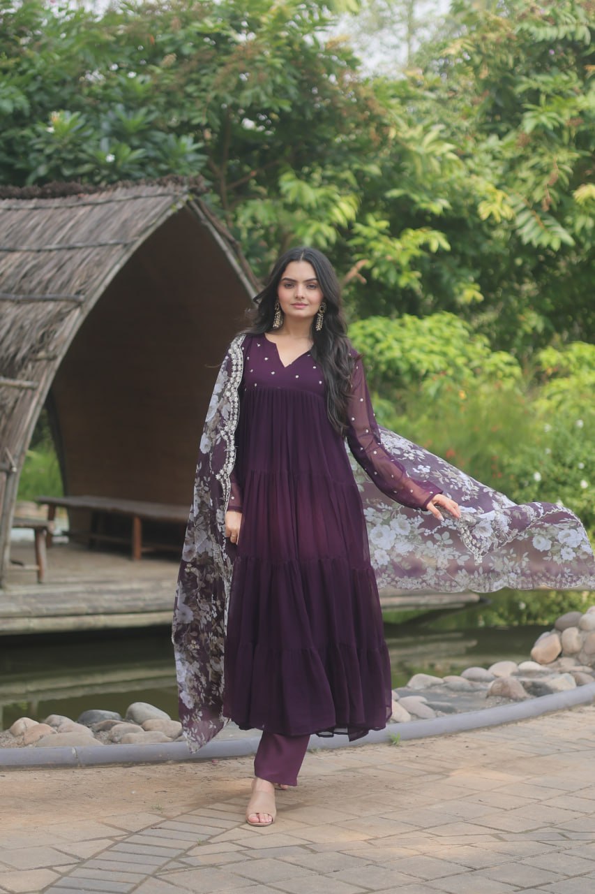 Wine Color Butti Work Kurti Pant With Dupatta Set