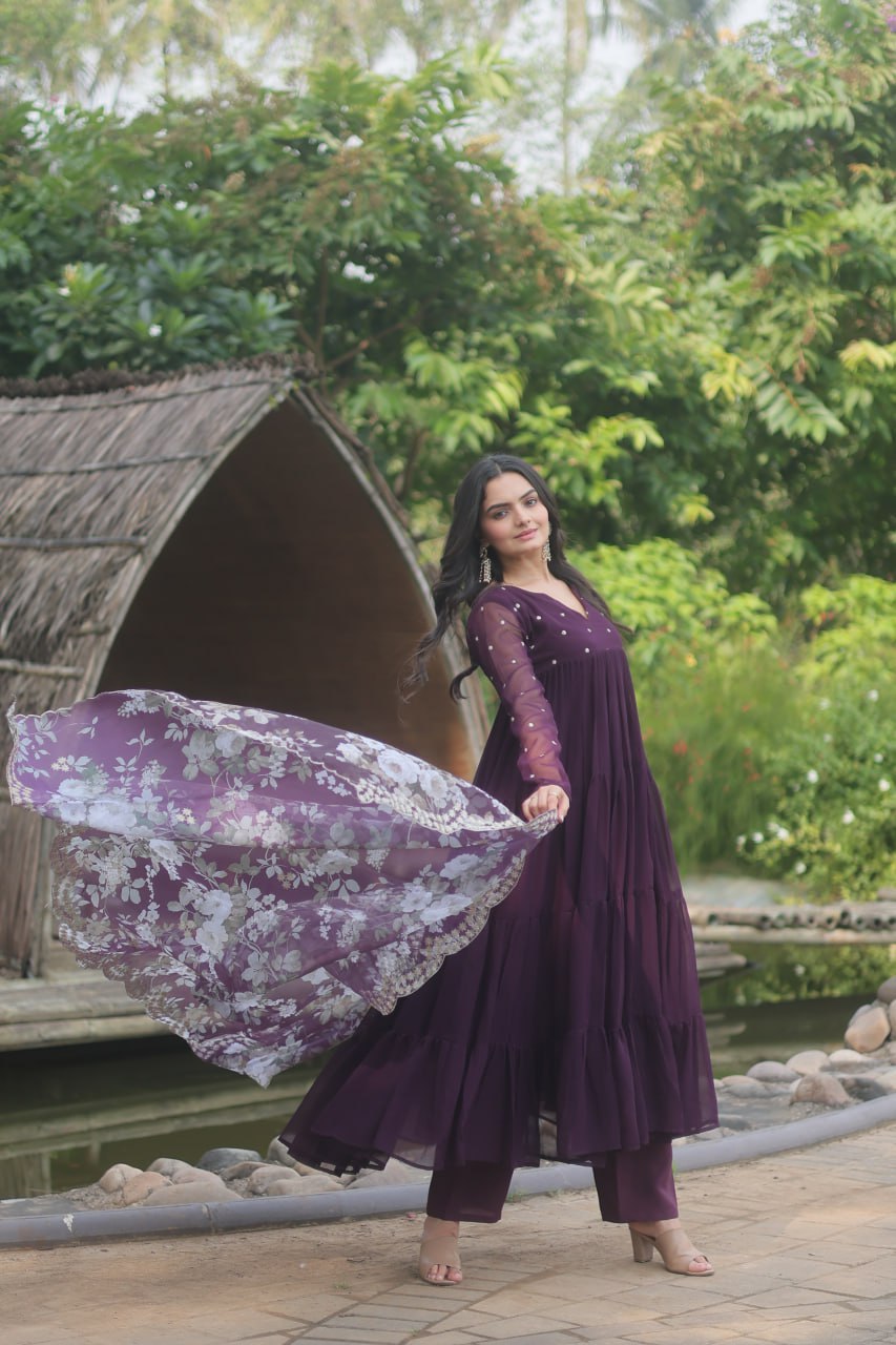 Wine Color Butti Work Kurti Pant With Dupatta Set