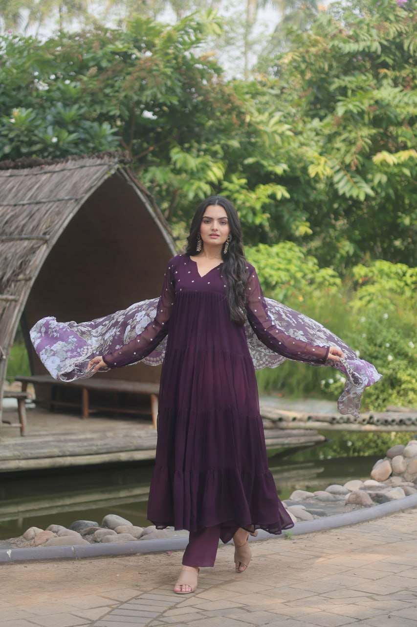 Wine Color Butti Work Kurti Pant With Dupatta Set