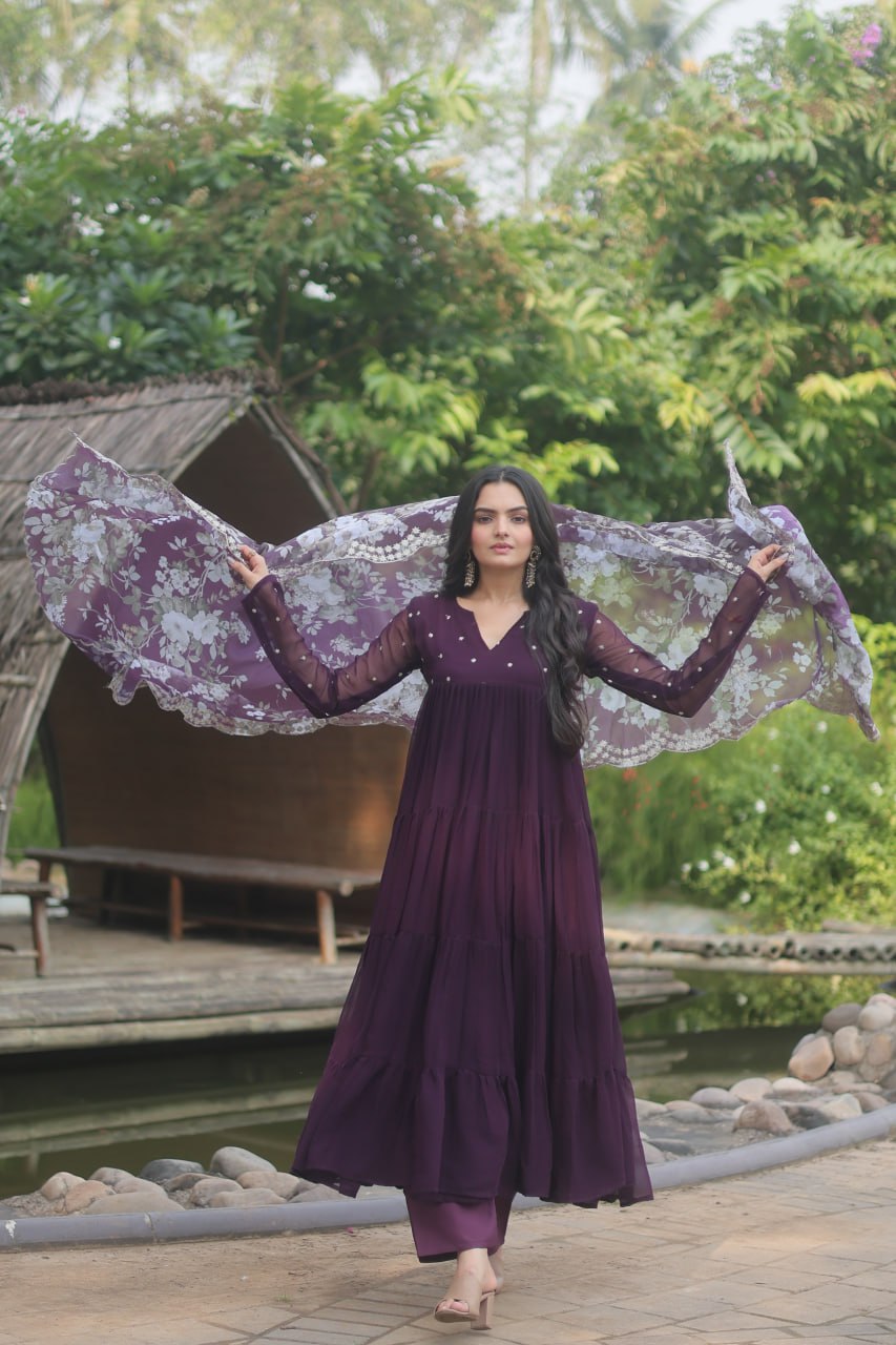 Wine Color Butti Work Kurti Pant With Dupatta Set