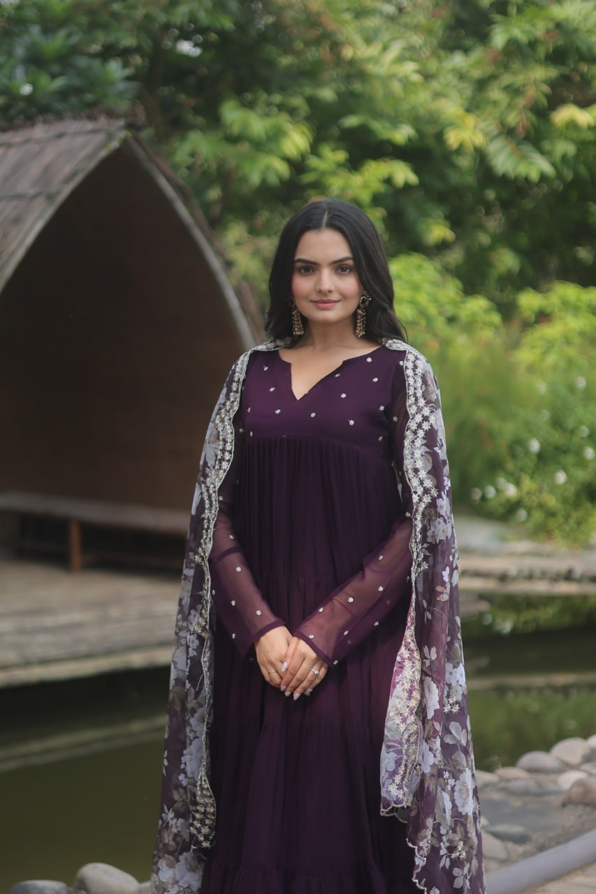 Wine Color Butti Work Kurti Pant With Dupatta Set
