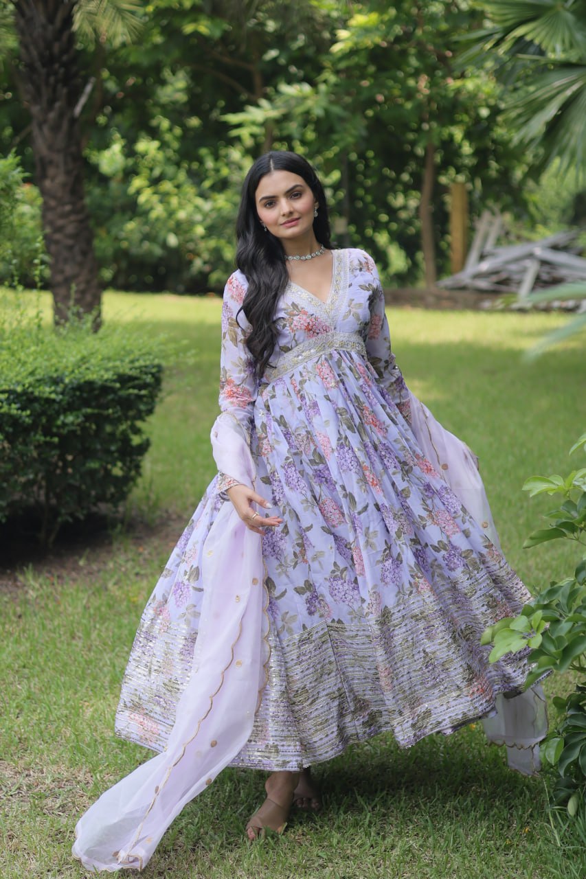 Lavender Color Digital Print With Embroidery Work Anarkali Gown