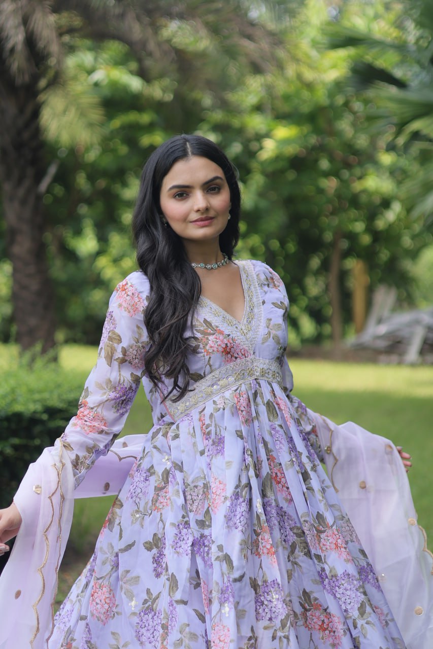 Lavender Color Digital Print With Embroidery Work Anarkali Gown