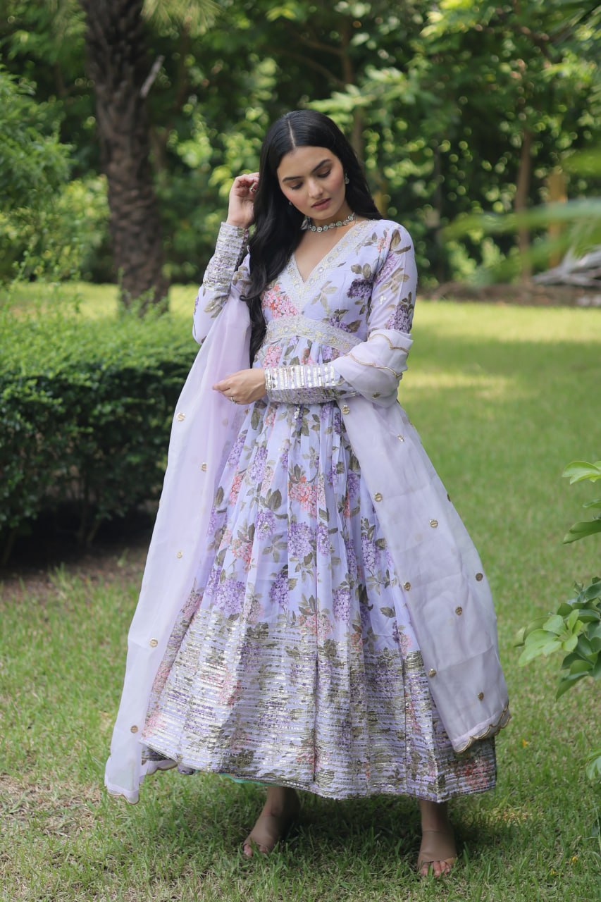 Lavender Color Digital Print With Embroidery Work Anarkali Gown