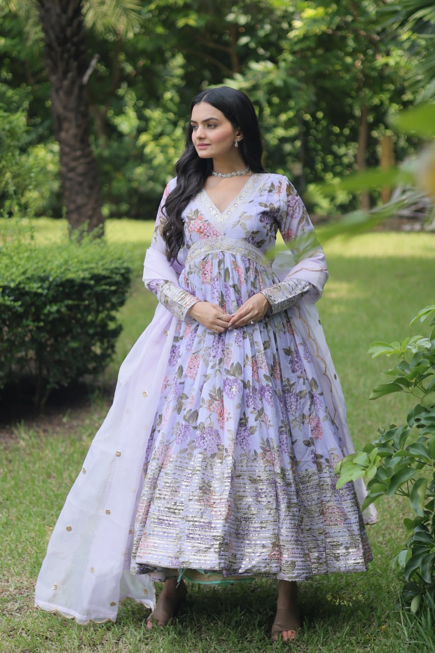 Lavender Color Digital Print With Embroidery Work Anarkali Gown