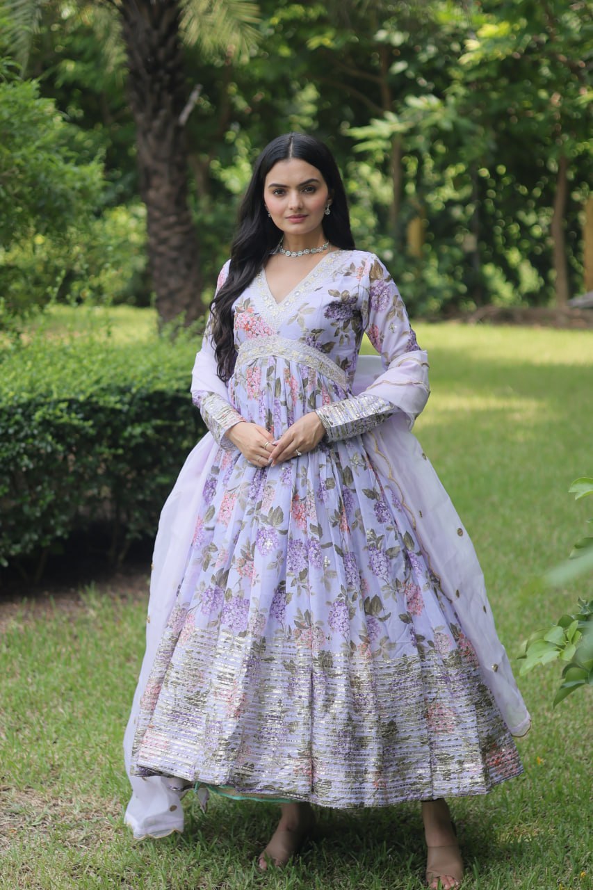Lavender Color Digital Print With Embroidery Work Anarkali Gown