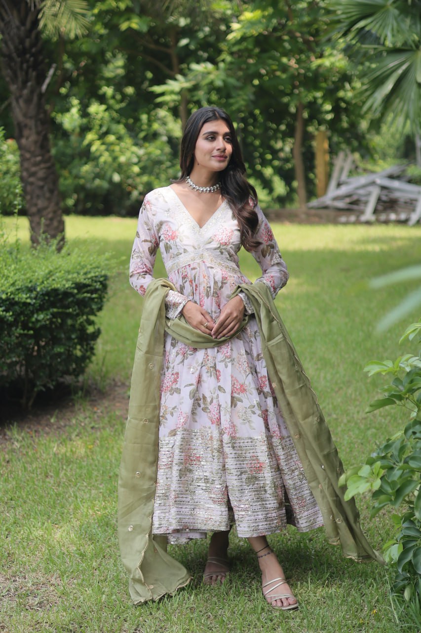 Mehendi Color Digital Print With Embroidery Work Anarkali Gown