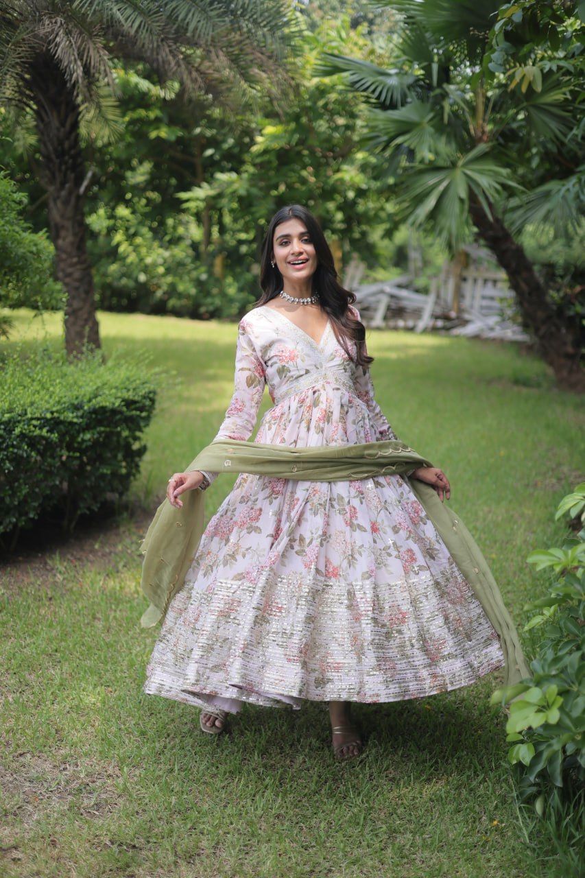 Mehendi Color Digital Print With Embroidery Work Anarkali Gown