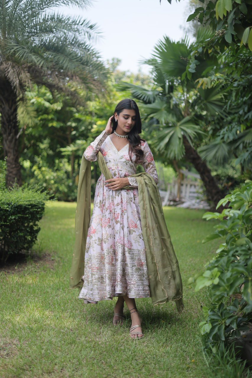 Mehendi Color Digital Print With Embroidery Work Anarkali Gown