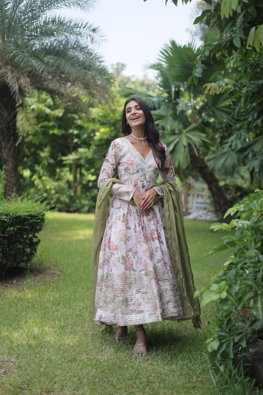 Mehendi Color Digital Print With Embroidery Work Anarkali Gown