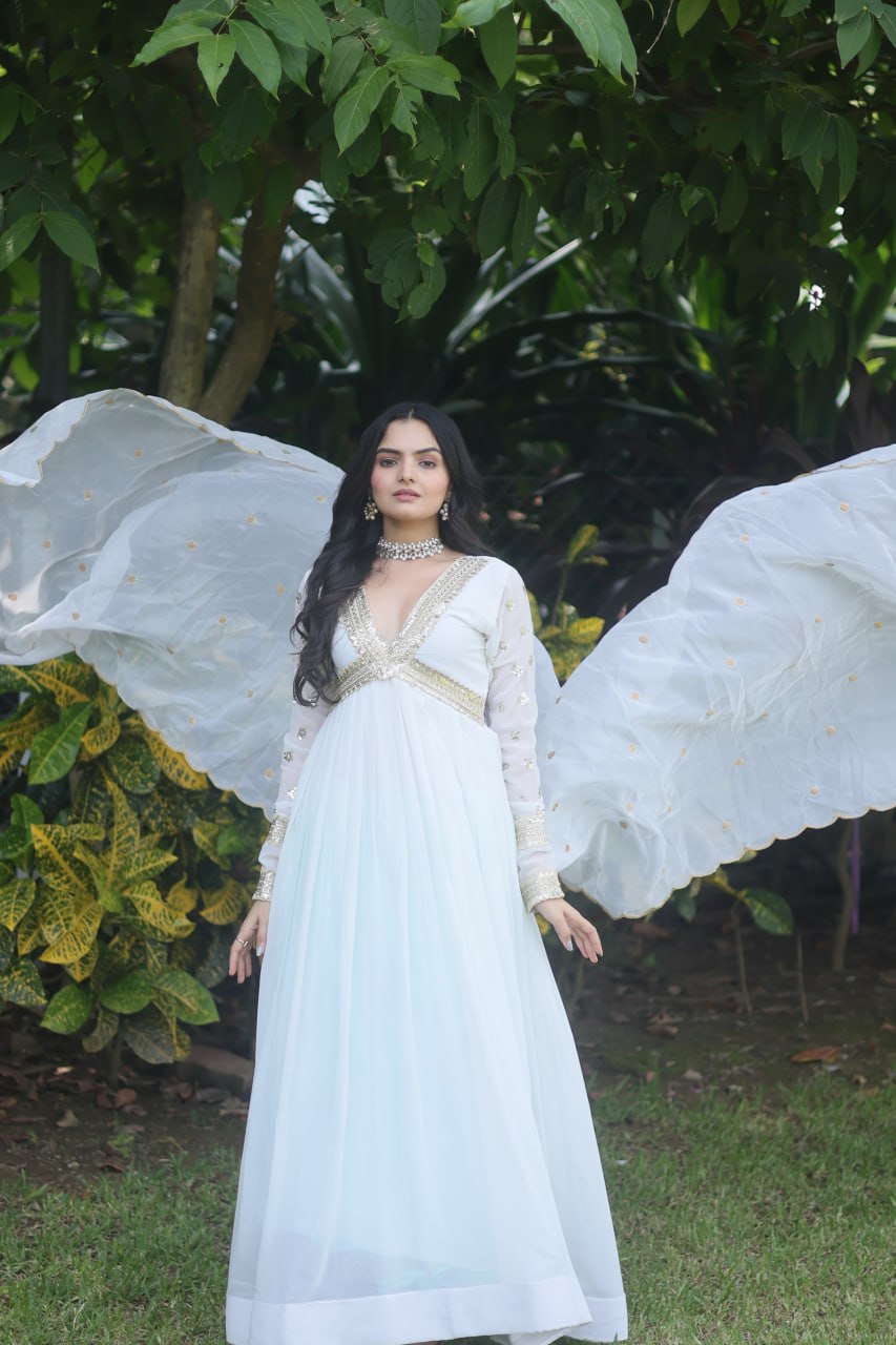 Flattering White Color Embroidery Zari Sequence Work Gown With Dupatta