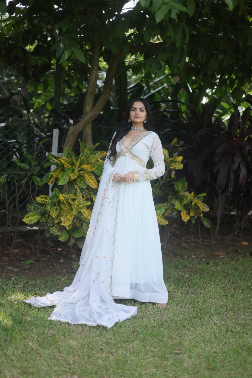 Flattering White Color Embroidery Zari Sequence Work Gown With Dupatta