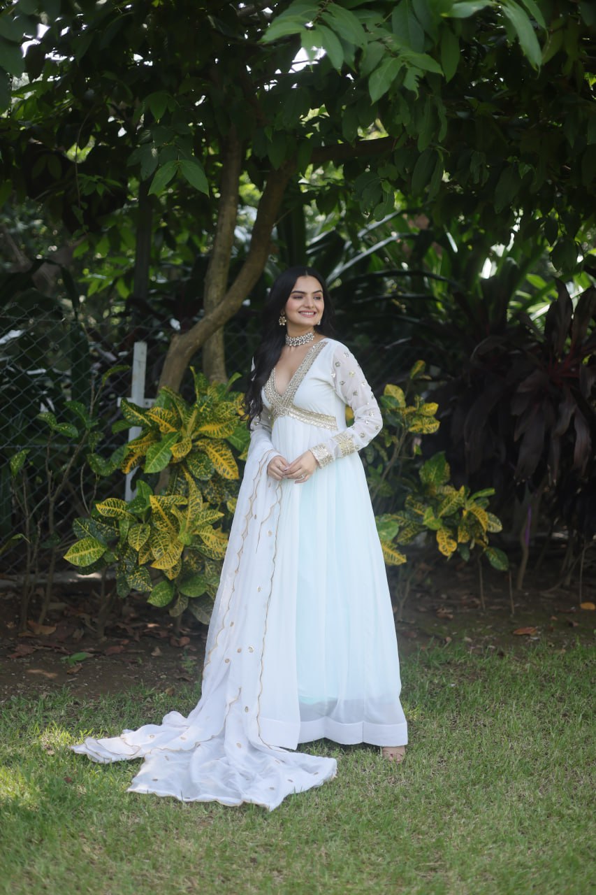 Flattering White Color Embroidery Zari Sequence Work Gown With Dupatta