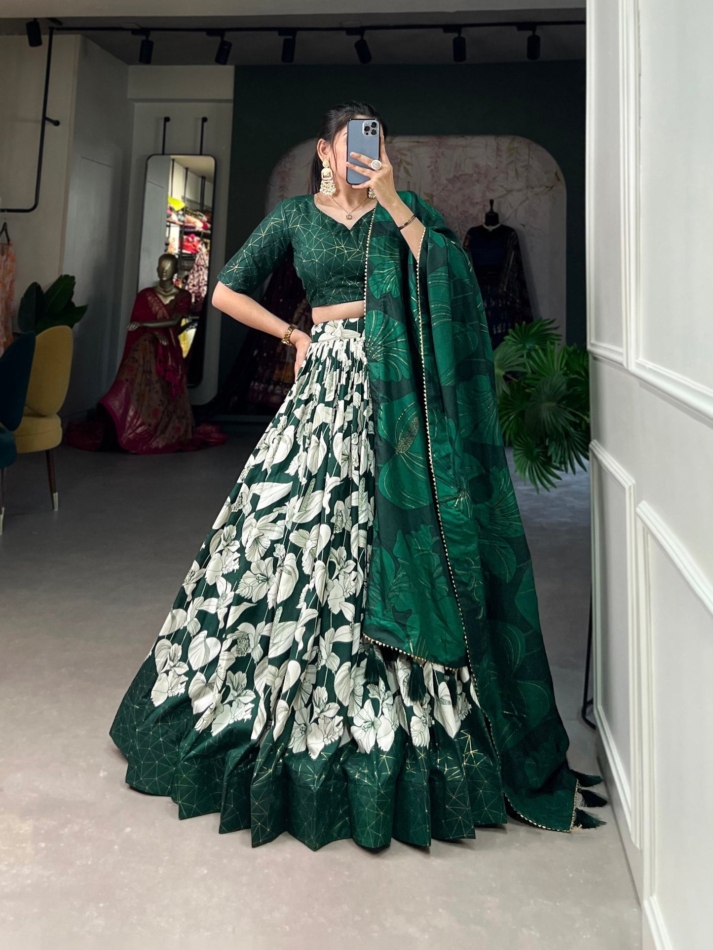 Green Tussar Silk Printed Lehenga Choli with Foil Work