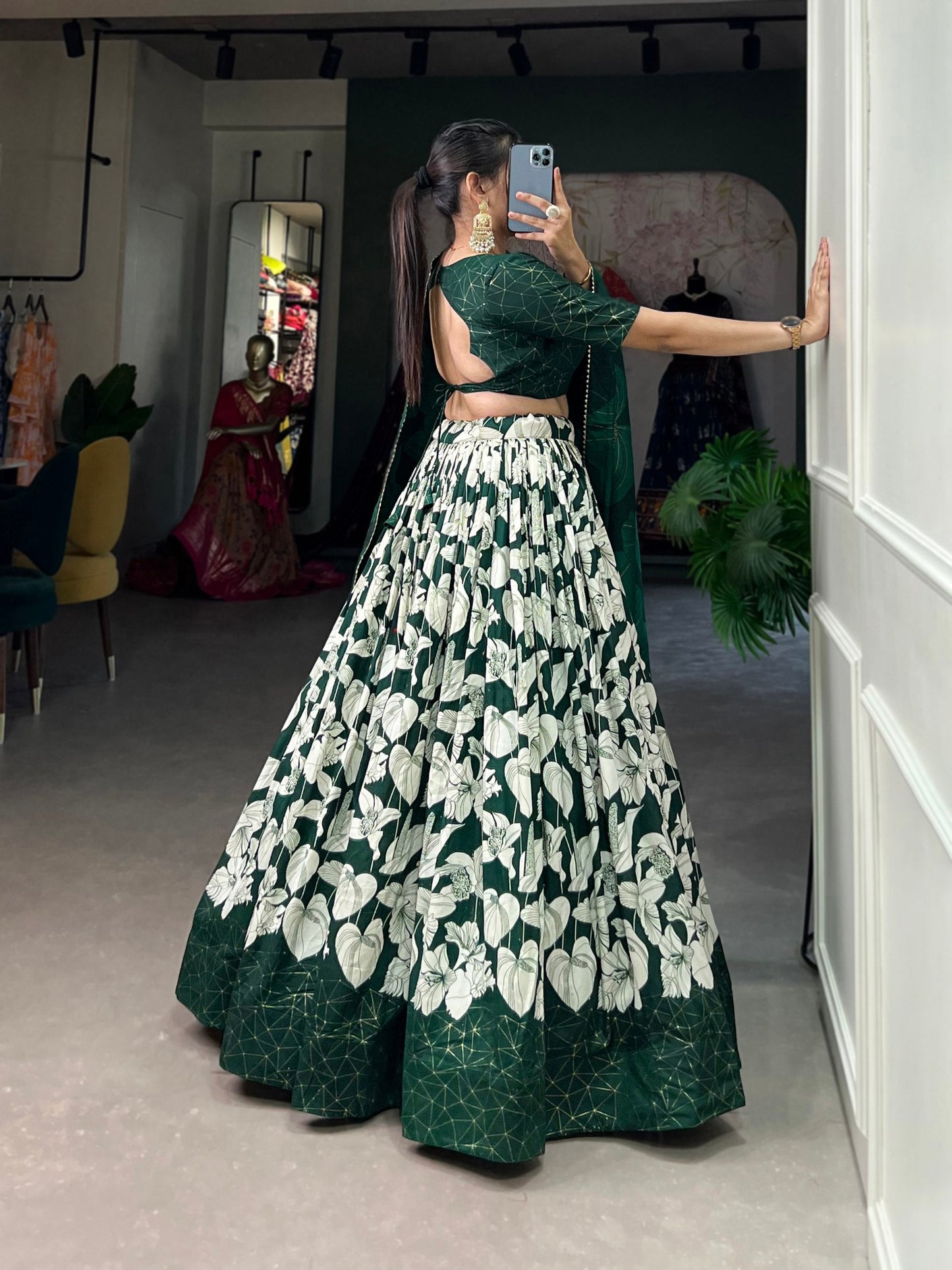 Green Tussar Silk Printed Lehenga Choli with Foil Work