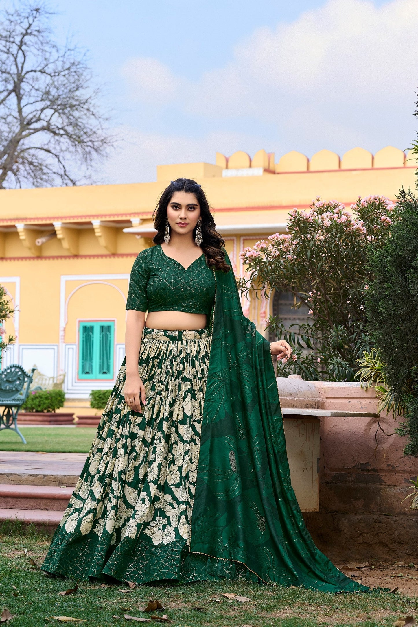 Green Tussar Silk Printed Lehenga Choli with Foil Work