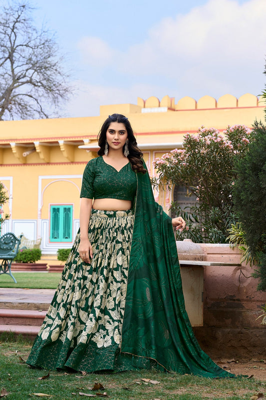 Green Tussar Silk Printed Lehenga Choli with Foil Work