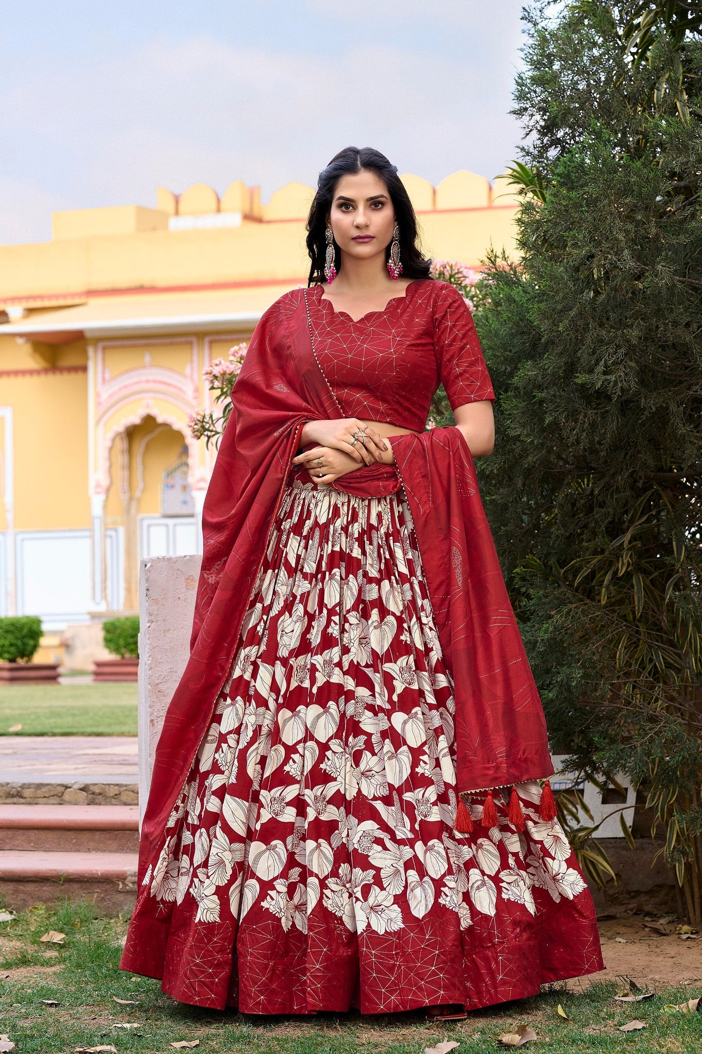 Red Tussar Silk Printed Lehenga Choli with Foil Work