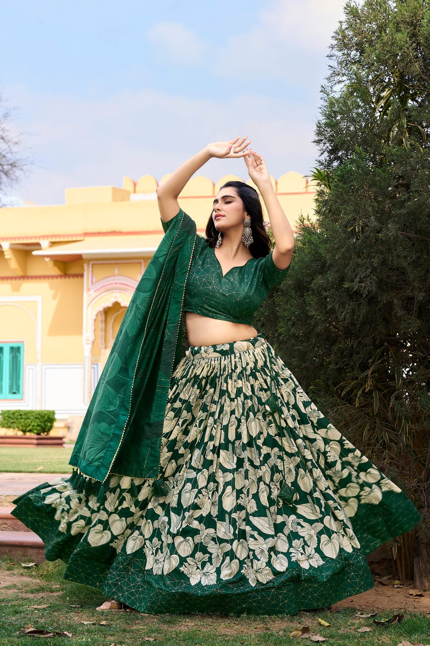 Green Tussar Silk Printed Lehenga Choli with Foil Work