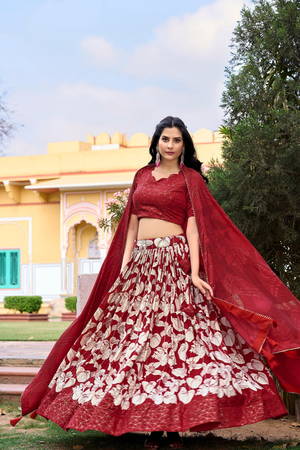 Red Tussar Silk Printed Lehenga Choli with Foil Work