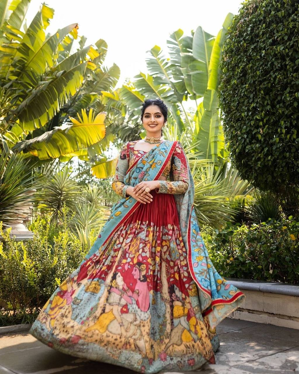 Elegant kalmakari lehenga light shades to complement to create beautiful aura in all function