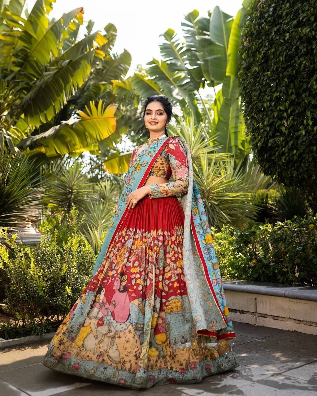 Elegant kalmakari lehenga light shades to complement to create beautiful aura in all function mameraa