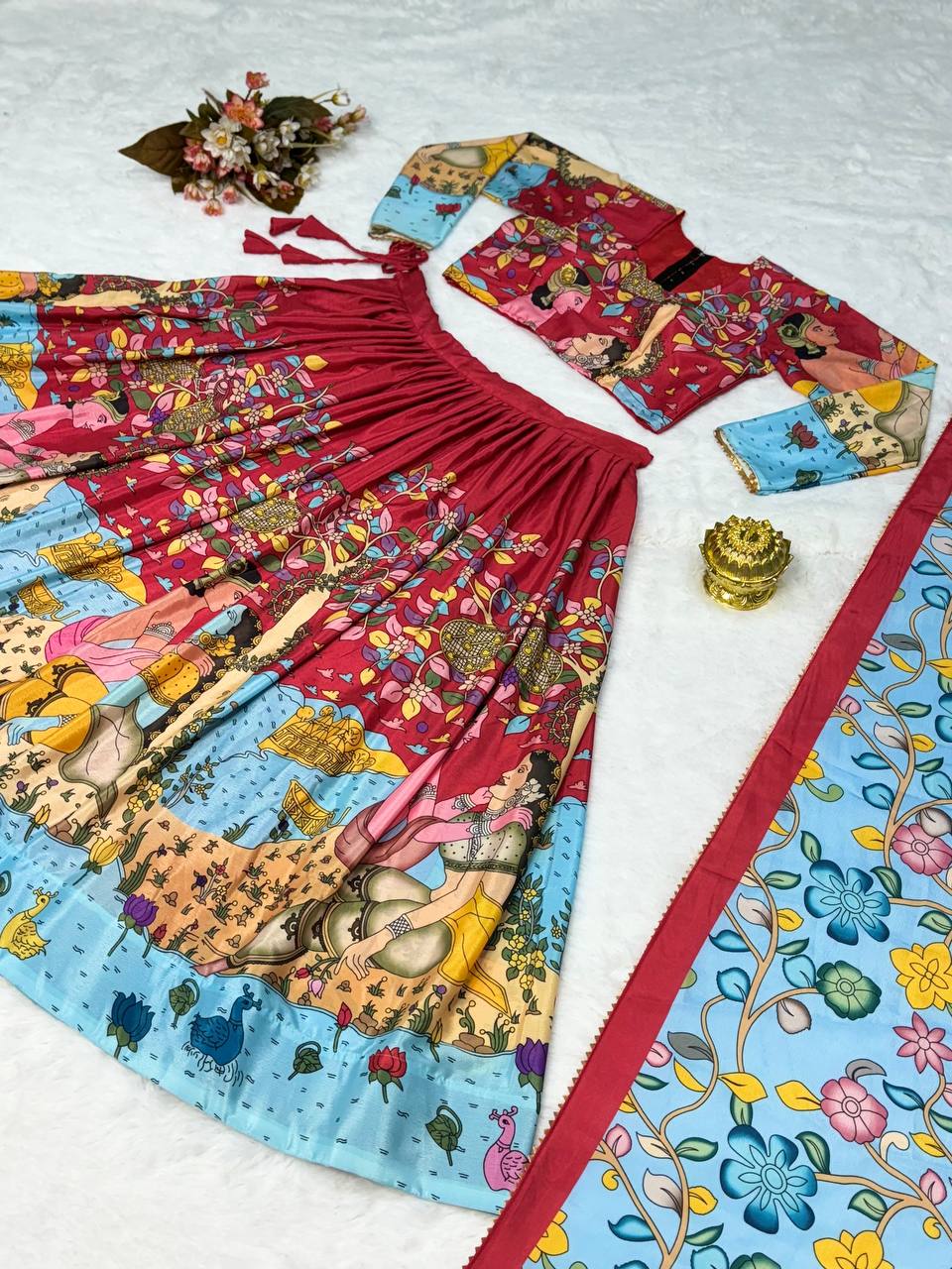 Elegant kalmakari lehenga light shades to complement to create beautiful aura in all function