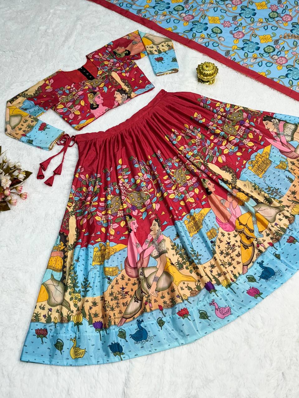 Elegant kalmakari lehenga light shades to complement to create beautiful aura in all function