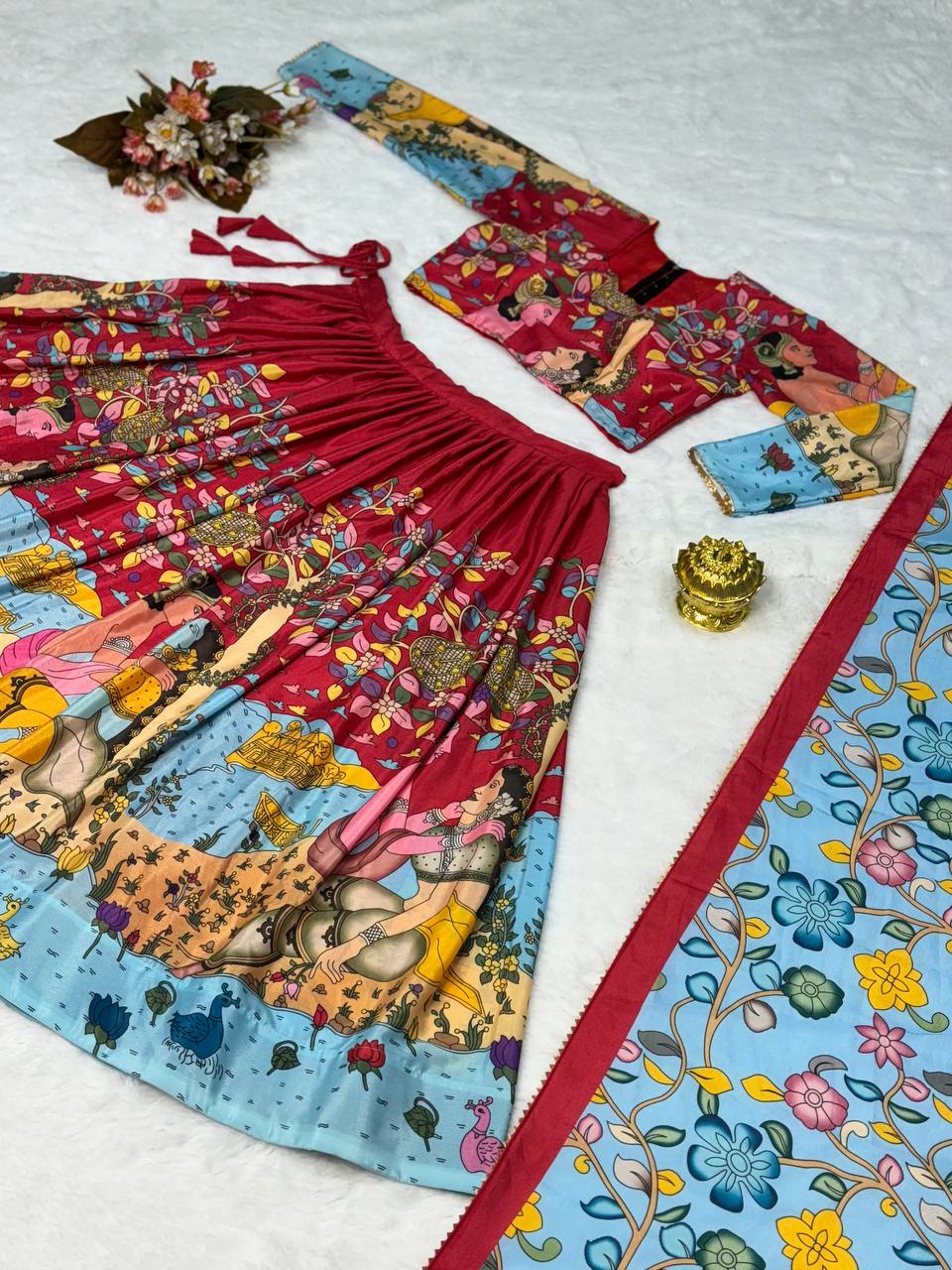 Elegant kalmakari lehenga light shades to complement to create beautiful aura in all function