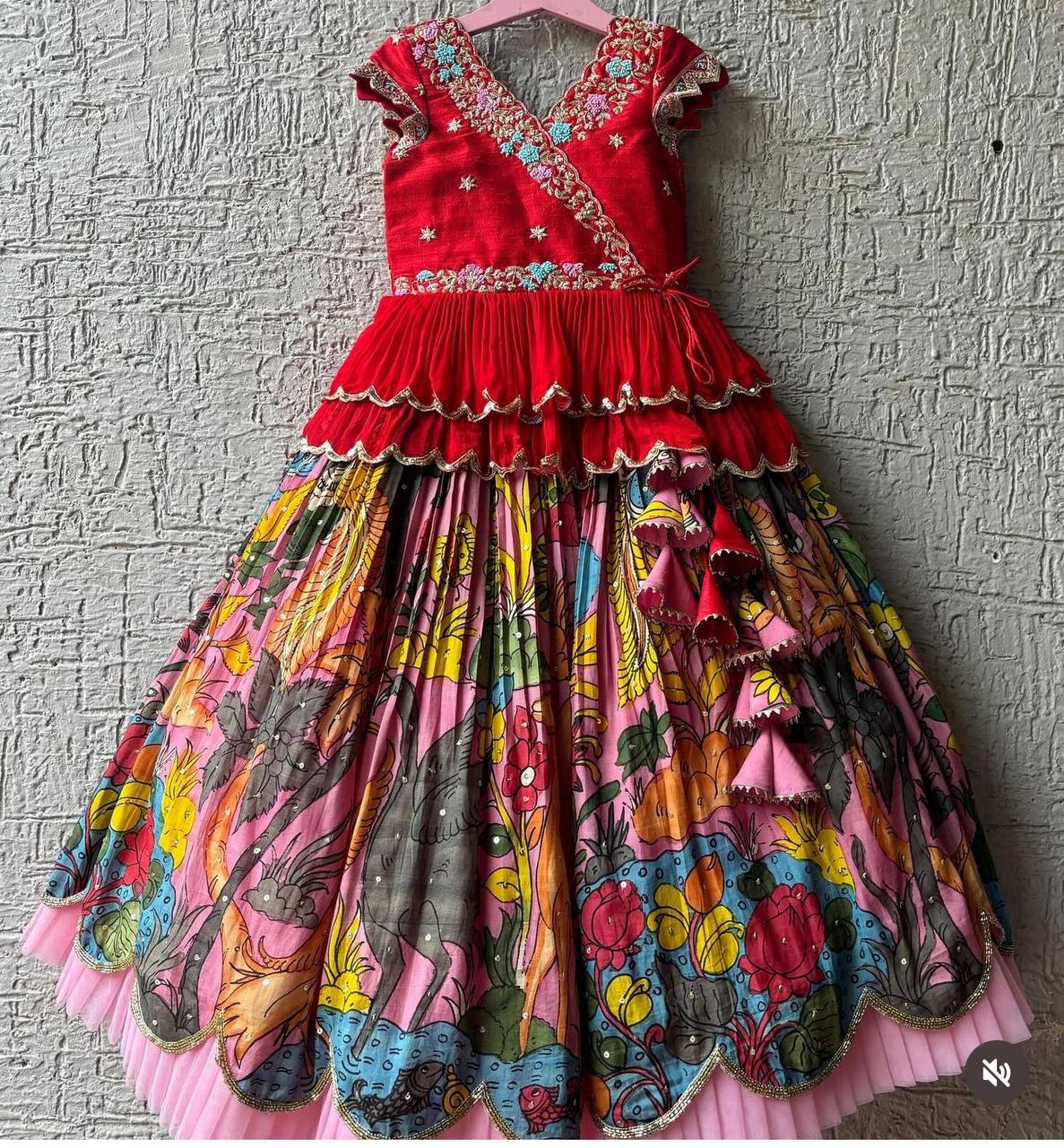 Girls Premium Handcrafted Red Embroidered Top & Multicolour Printed Lehenga