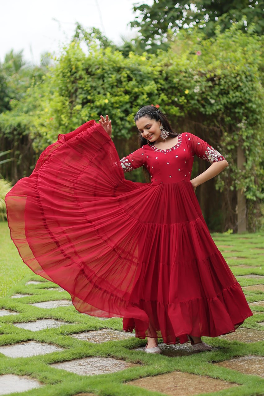 Red Luxury Designer Gown with Zari and Sequins Embroidery