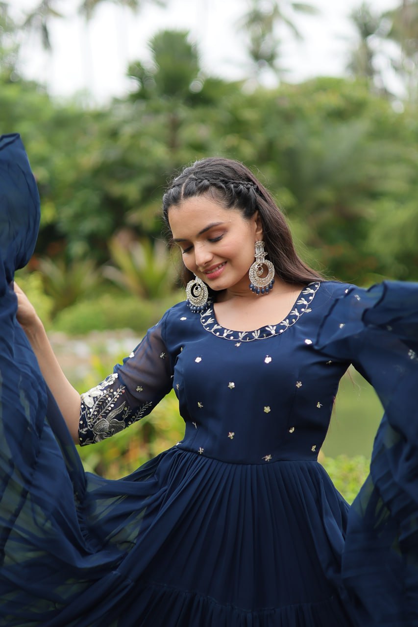 Navy Blue Luxury Designer Gown with Zari and Sequins Embroidery