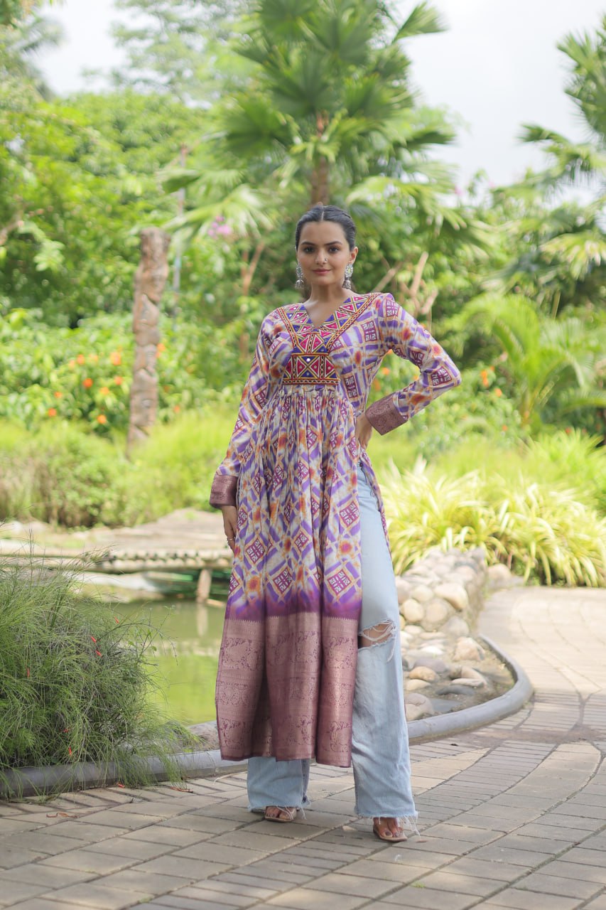 White Designer Printed Kurti in Heavy Cotton with Kutchi Gamthi Lace and Kodi Work