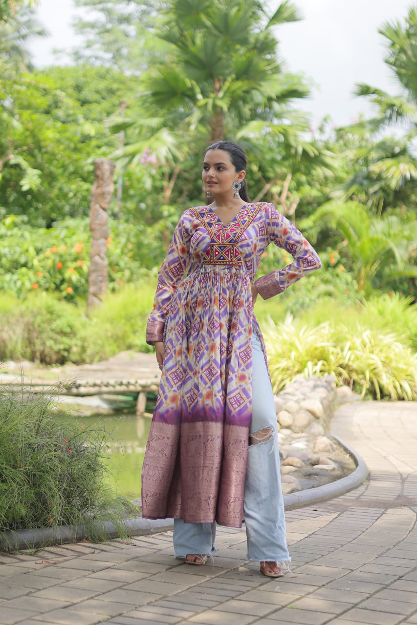 White Designer Printed Kurti in Heavy Cotton with Kutchi Gamthi Lace and Kodi Work