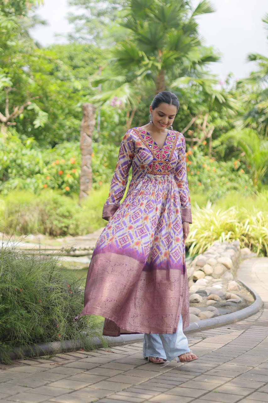 White Designer Printed Kurti in Heavy Cotton with Kutchi Gamthi Lace and Kodi Work