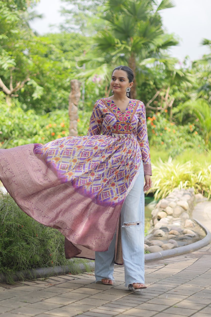 White Designer Printed Kurti in Heavy Cotton with Kutchi Gamthi Lace and Kodi Work