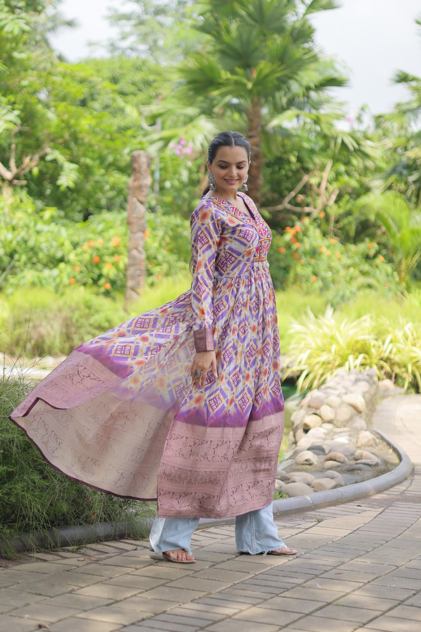 White Designer Printed Kurti in Heavy Cotton with Kutchi Gamthi Lace and Kodi Work