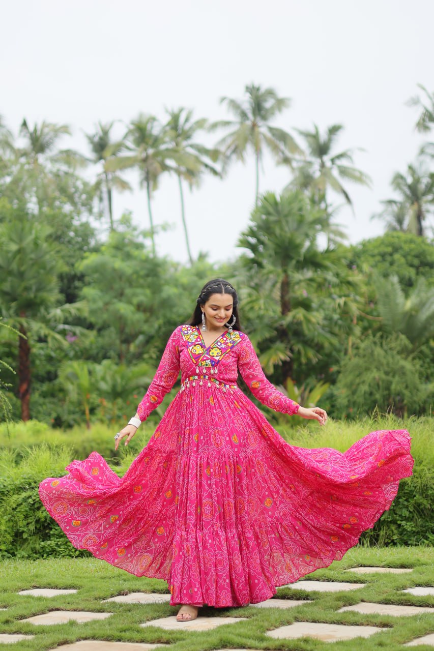 Magenta Elegant Bandhani Print Gown with Kutchi Patchwork in Faux Georgette
