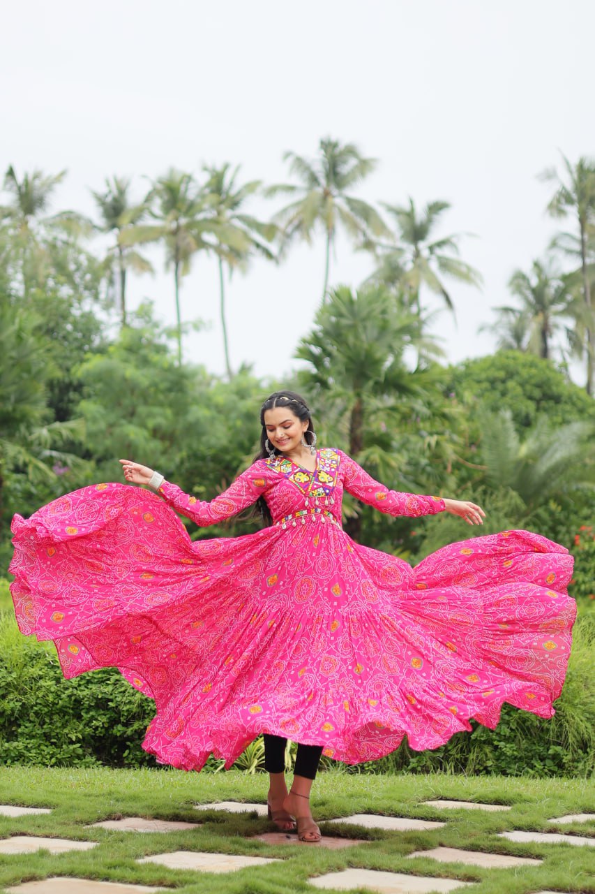 Magenta Elegant Bandhani Print Gown with Kutchi Patchwork in Faux Georgette