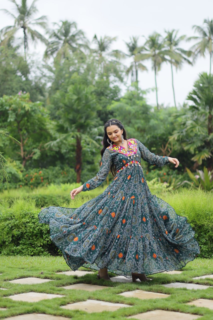 Green Elegant Bandhani Print Gown with Kutchi Patchwork in Faux Georgette