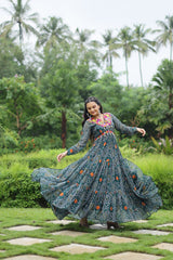 Green Elegant Bandhani Print Gown with Kutchi Patchwork in Faux Georgette