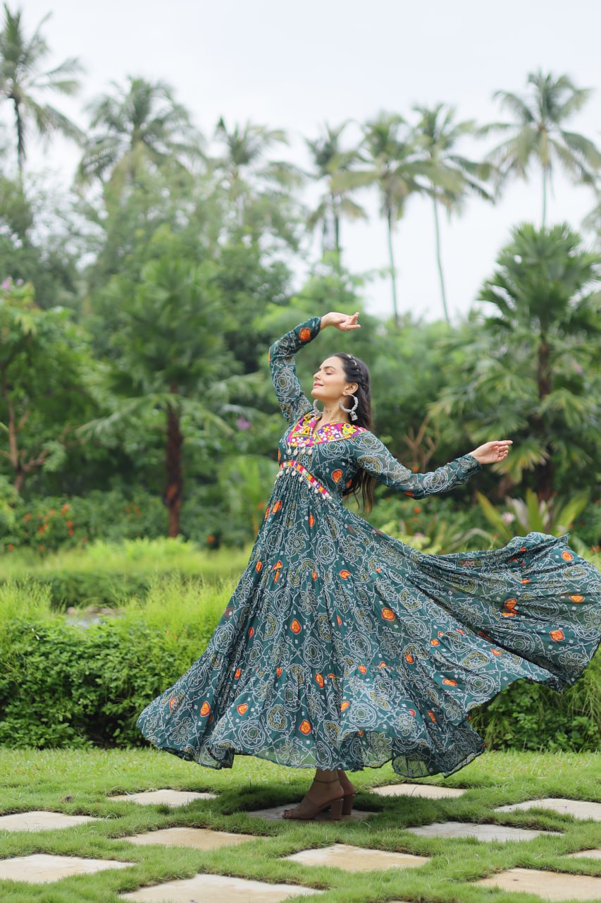 Green Elegant Bandhani Print Gown with Kutchi Patchwork in Faux Georgette
