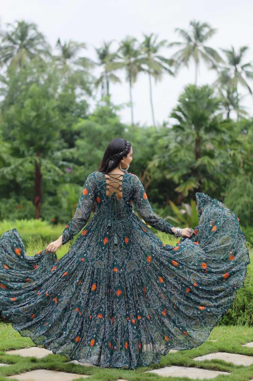 Green Elegant Bandhani Print Gown with Kutchi Patchwork in Faux Georgette