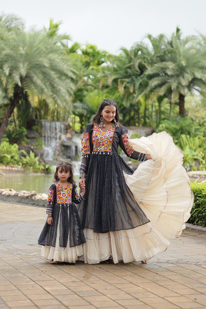 Black Elegant Lehenga and Kurti Combo for Adults & Kids - Full-Stitched Set
