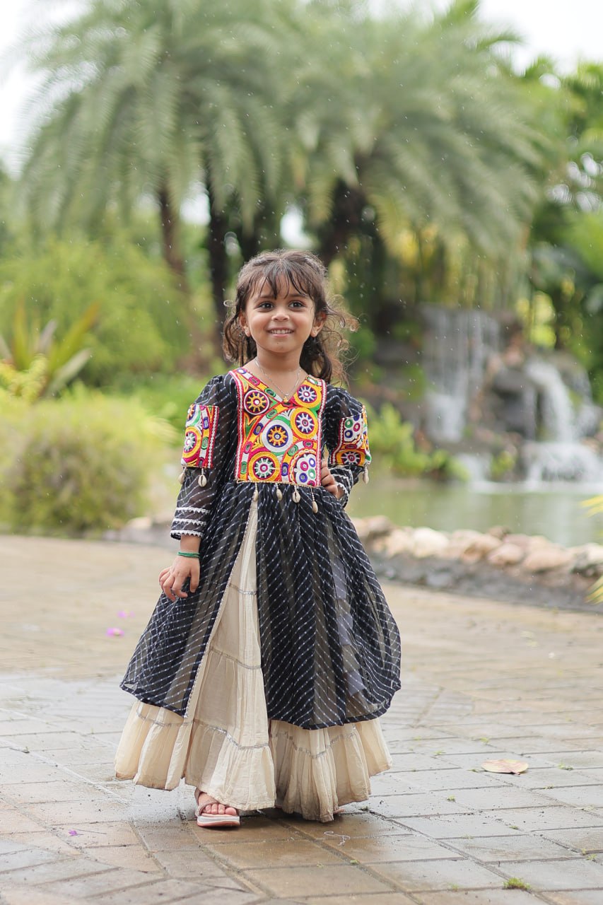 Black Elegant Lehenga and Kurti Combo for Adults & Kids - Full-Stitched Set