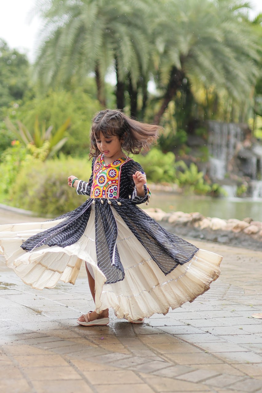 Black Elegant Lehenga and Kurti Combo for Adults & Kids - Full-Stitched Set